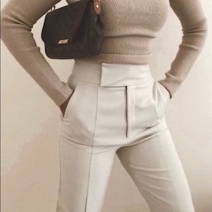 Zara Wide Waistband Cream High Waisted Pants